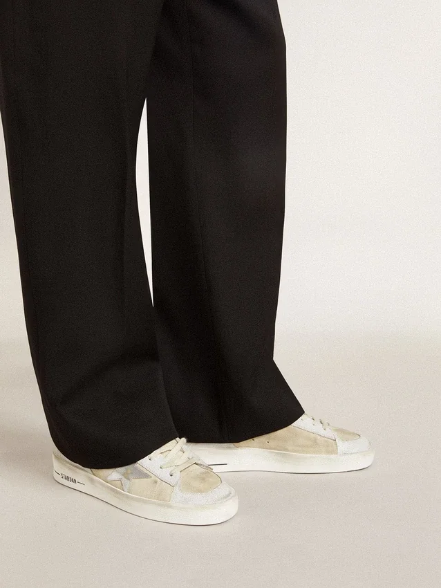 Zapatillas Stardan para hombre en nubuck y piel craquelada con estrella de piel metalizada plateada