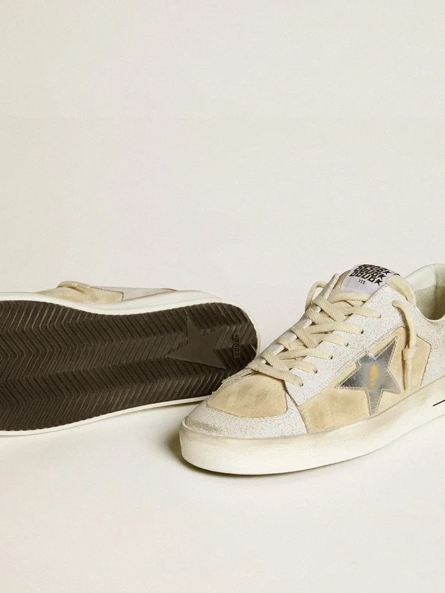 Zapatillas Stardan para hombre en nubuck y piel craquelada con estrella de piel metalizada plateada