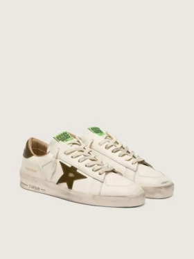 Zapatillas Stardan para hombre en piel blanca con estrella y lengüeta en el talón de piel con estampado de serpiente en verde militar
