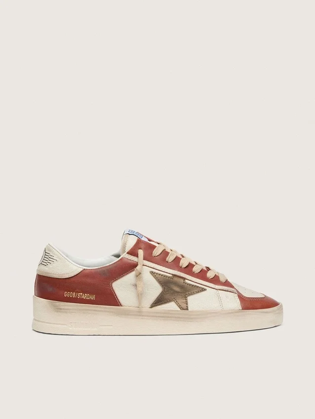 Zapatillas Stardan para hombre en piel blanca y rojo ladrillo con estrella de piel laminada en verde oliva