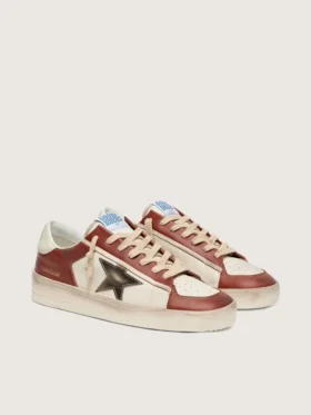 Zapatillas Stardan para hombre en piel blanca y rojo ladrillo con estrella de piel laminada en verde oliva