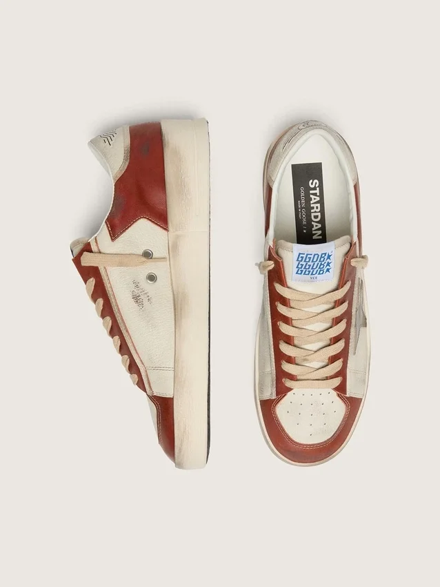 Zapatillas Stardan para hombre en piel blanca y rojo ladrillo con estrella de piel laminada en verde oliva