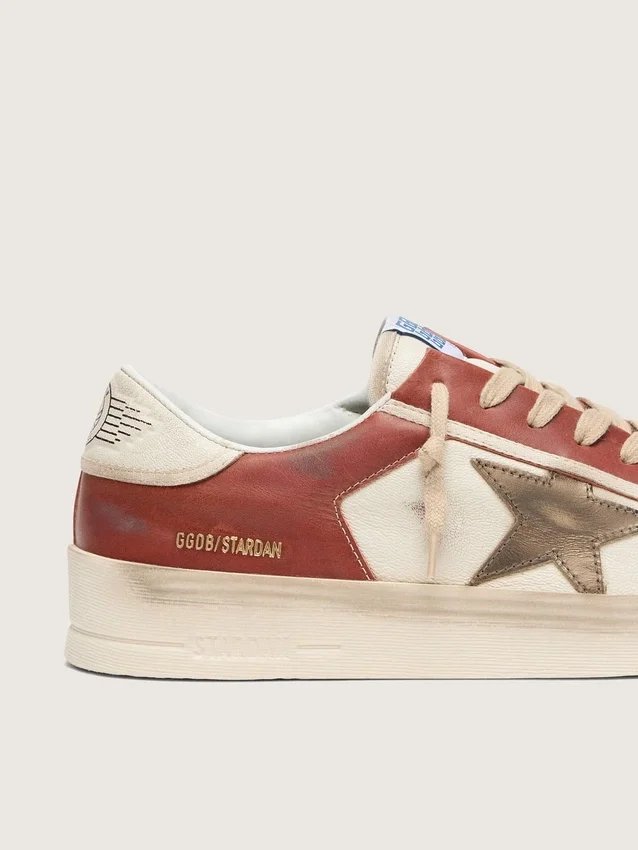 Zapatillas Stardan para hombre en piel blanca y rojo ladrillo con estrella de piel laminada en verde oliva