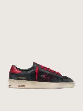 Zapatillas Stardan para hombre en piel negra con estrella roja e inserciones de malla negra y piel roja