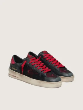 Zapatillas Stardan para hombre en piel negra con estrella roja e inserciones de malla negra y piel roja