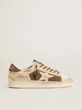 Zapatillas Stardan para mujer en ante verde militar y piel de potro beige con estrella de ante beige