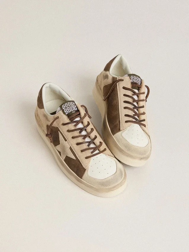 Zapatillas Stardan para mujer en ante verde militar y piel de potro beige con estrella de ante beige
