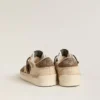 Zapatillas Stardan para mujer en ante verde militar y piel de potro beige con estrella de ante beige