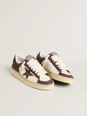 Zapatillas Stardan para mujer en napa blanca con estrella y lengüeta del talón de ante burdeos