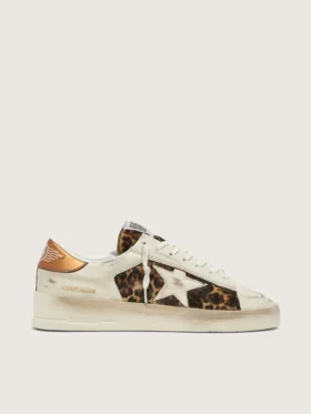 Zapatillas Stardan para mujer en piel blanca y piel de potro con estampado de leopardo, con estrella de piel blanca