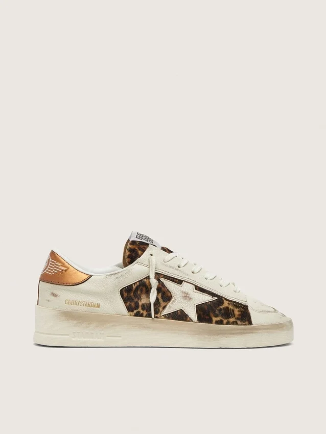 Zapatillas Stardan para mujer en piel blanca y piel de potro con estampado de leopardo, con estrella de piel blanca