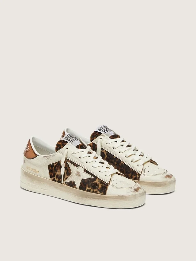 Zapatillas Stardan para mujer en piel blanca y piel de potro con estampado de leopardo, con estrella de piel blanca
