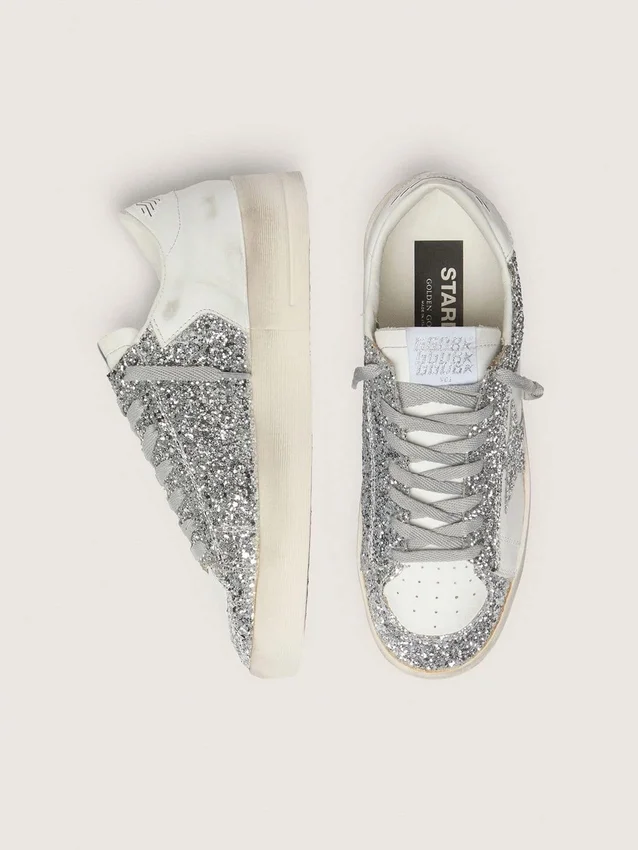 Zapatillas Stardan para mujer en piel blanca y purpurina