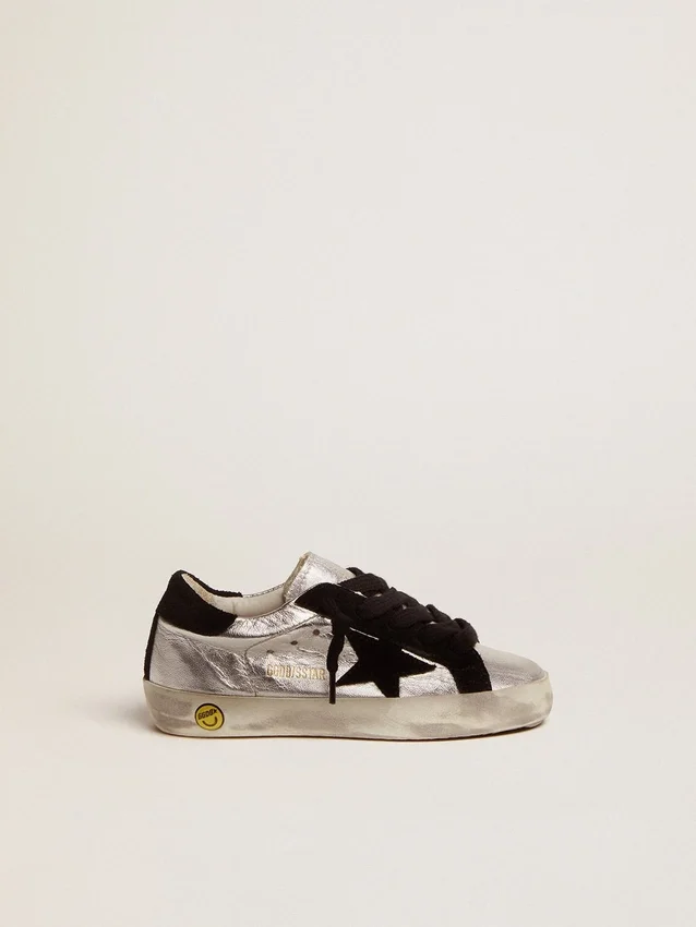 Zapatillas Super-Star de piel plateada con inserciones de ante