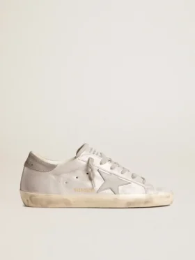 Zapatillas Super-Star en piel gris-blanca con efecto purpurina y estrella de piel
