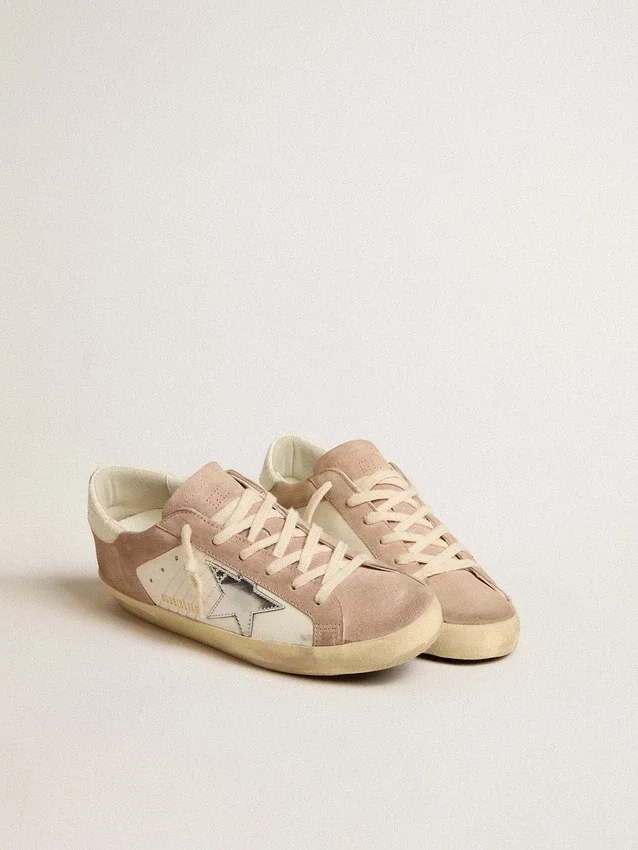 Zapatillas Super-Star para mujer en ante rosa con estrella de piel metalizada plateada