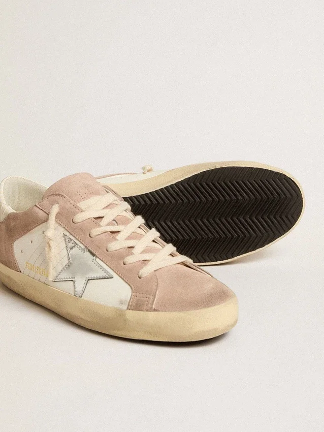 Zapatillas Super-Star para mujer en ante rosa con estrella de piel metalizada plateada