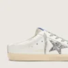 Zapatillas Super-Star Sabot con una estrella de purpurina platino y lengüeta de ante