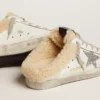 Zapatillas Super-Star Sabot para mujer en piel blanca y forro de piel de oveja