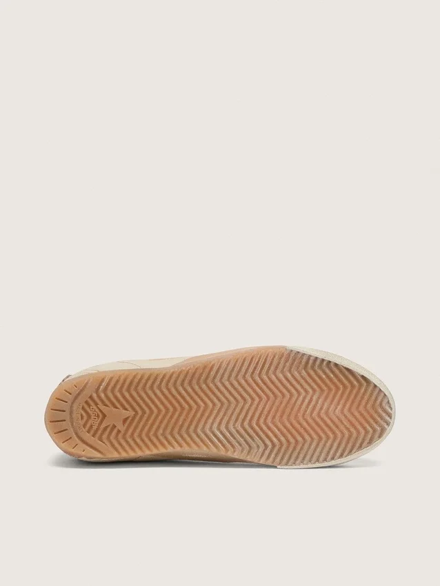 Zapatillas True-Star para mujer en piel napa blanca con estrella dorada y lengüeta del talón de ante beige