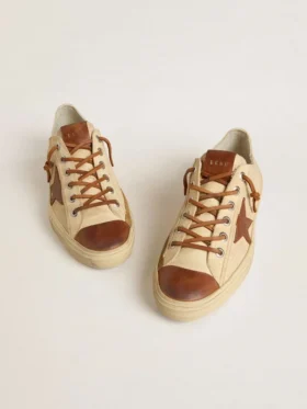 Zapatillas V-Star para hombre en lona color crema con estrella de piel color tabaco