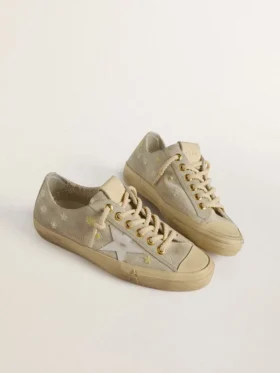 Zapatillas V-Star para mujer en ante gris hielo con estrella de piel blanca y bordado floral
