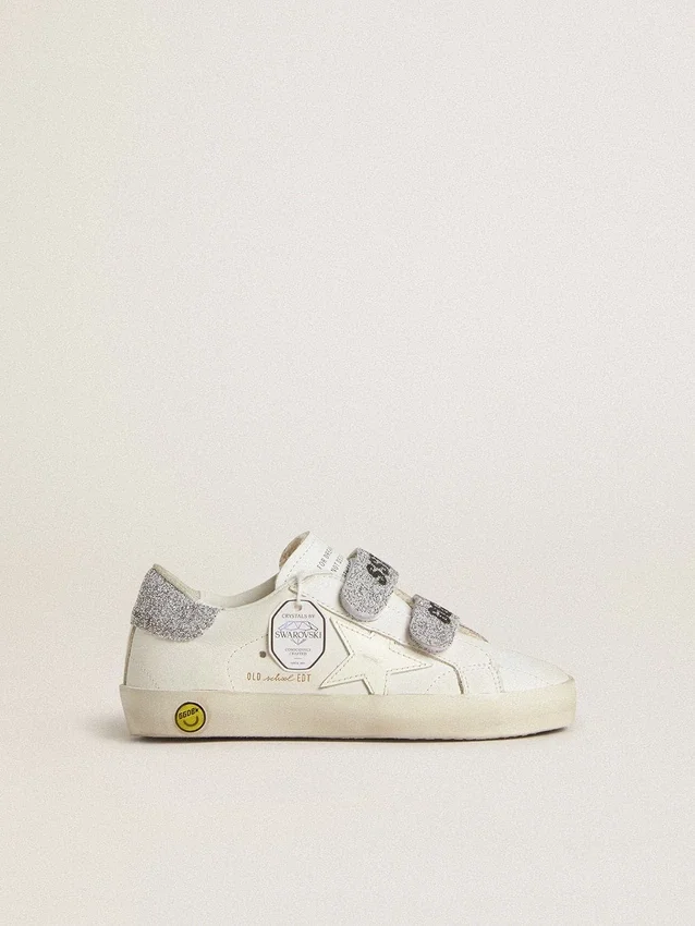 Zapatillas «Young Old School» de piel blanca con lengüeta en el talón y tiras con cristales Swarovski plateados