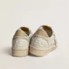 Zapatos Ball Star para mujer en napa blanca y malla, con estrella de nubuck color tabaco y lengüeta del tacón en color beige