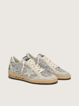 Zapatos de mujer «Ball Star» en purpurina plateada con inserciones de ante gris hielo