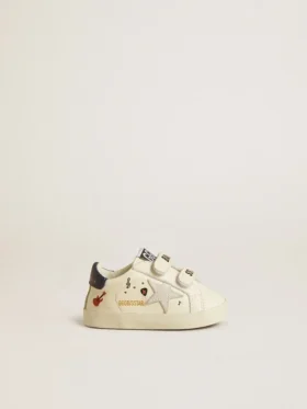 Zapatos escolares para bebé en piel napa con estampado musical y estrella de ante blanco