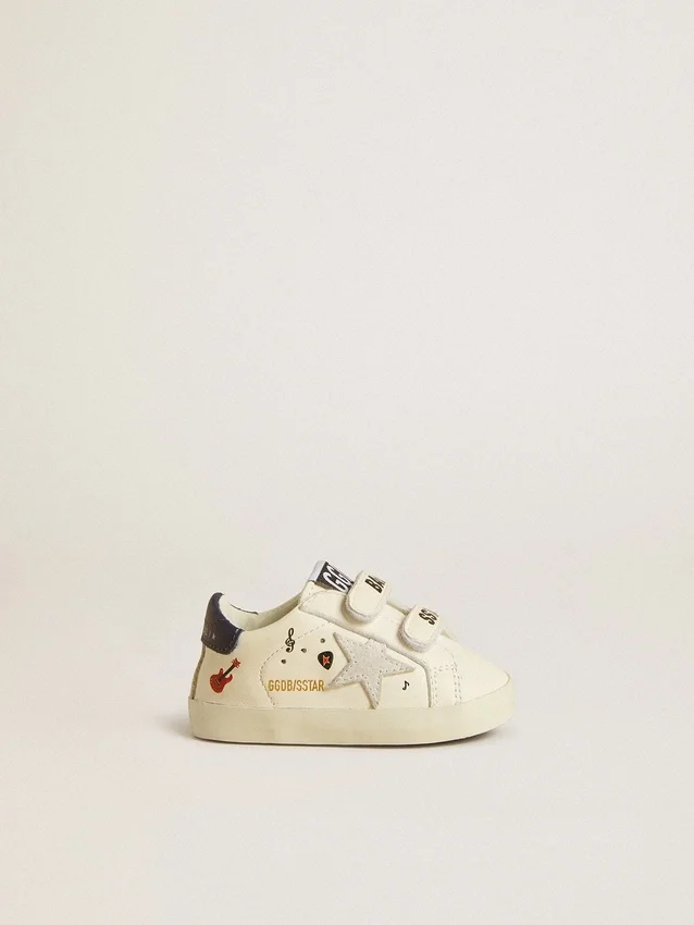 Zapatos escolares para bebé en piel napa con estampado musical y estrella de ante blanco