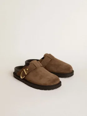 Zapatos Lucy para mujer en ante gris paloma con hebilla metálica dorada