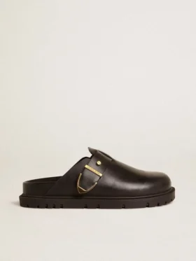 Zapatos Lucy para mujer en piel negra brillante con hebilla metálica dorada