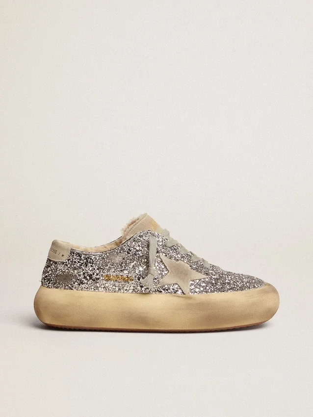 Zapatos Space-Star para mujer en purpurina plateada con forro de piel de oveja
