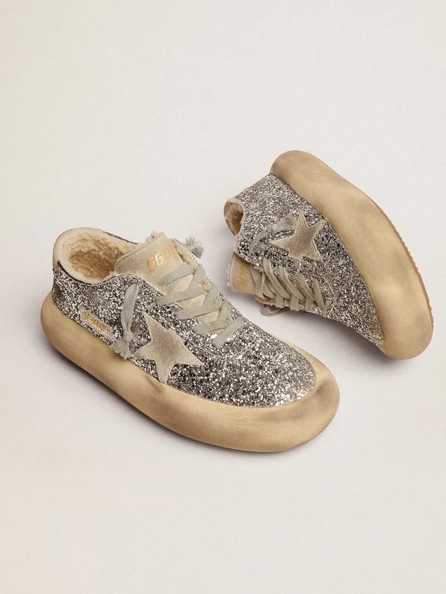 Zapatos Space-Star para mujer en purpurina plateada con forro de piel de oveja