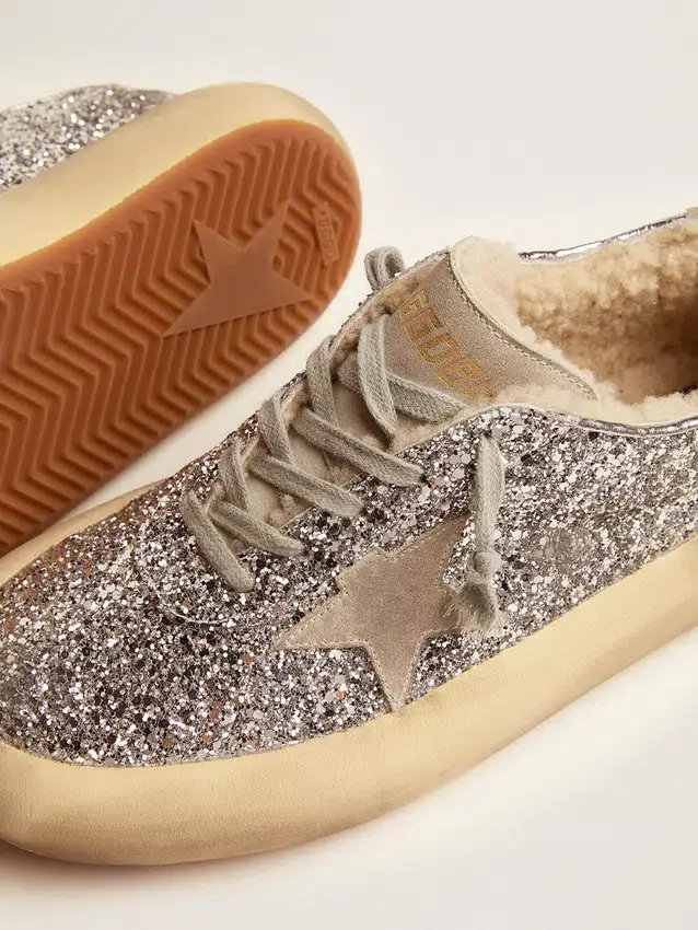 Zapatos Space-Star para mujer en purpurina plateada con forro de piel de oveja