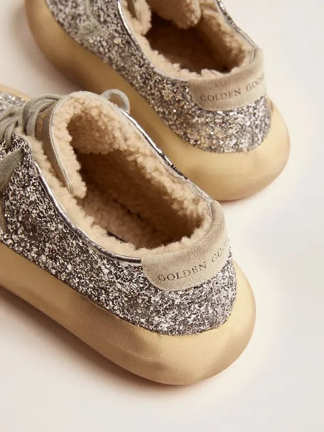 Zapatos Space-Star para mujer en purpurina plateada con forro de piel de oveja