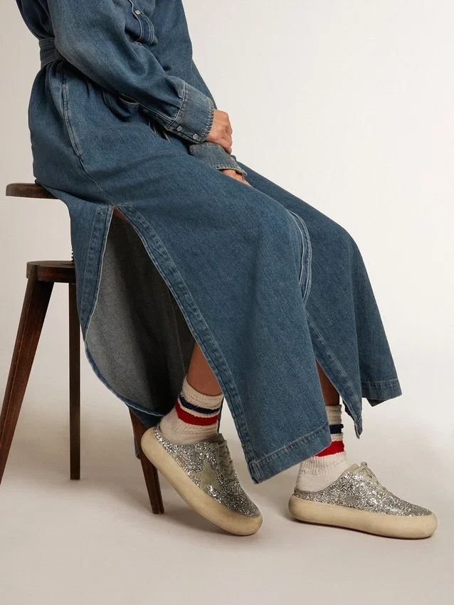 Zapatos tipo sabot «Space-Star» para mujer con purpurina, estrella gris hielo y lengüeta
