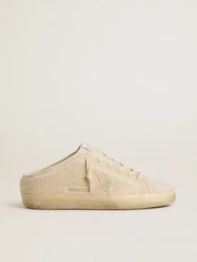 Zapatos tipo Sabot Super-Star para mujer en lona beige con abalorios bordados y estrella de ante beige