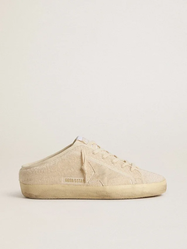 Zapatos tipo Sabot Super-Star para mujer en lona beige con abalorios bordados y estrella de ante beige