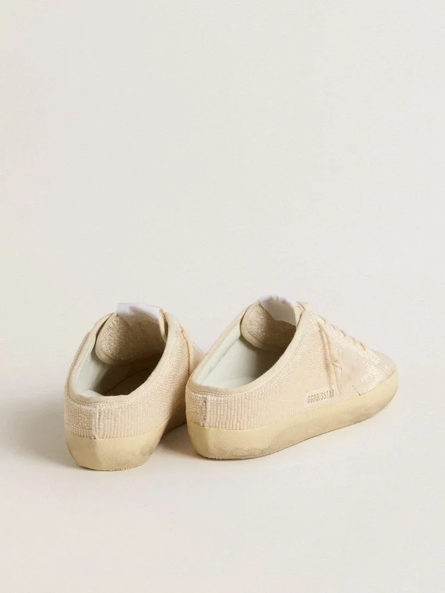 Zapatos tipo Sabot Super-Star para mujer en lona beige con abalorios bordados y estrella de ante beige