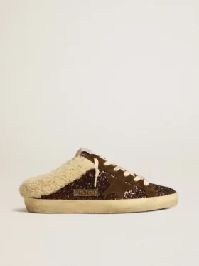 Zapatos tipo Super-Star Sabot con purpurina, estrella marrón y forro de piel de oveja